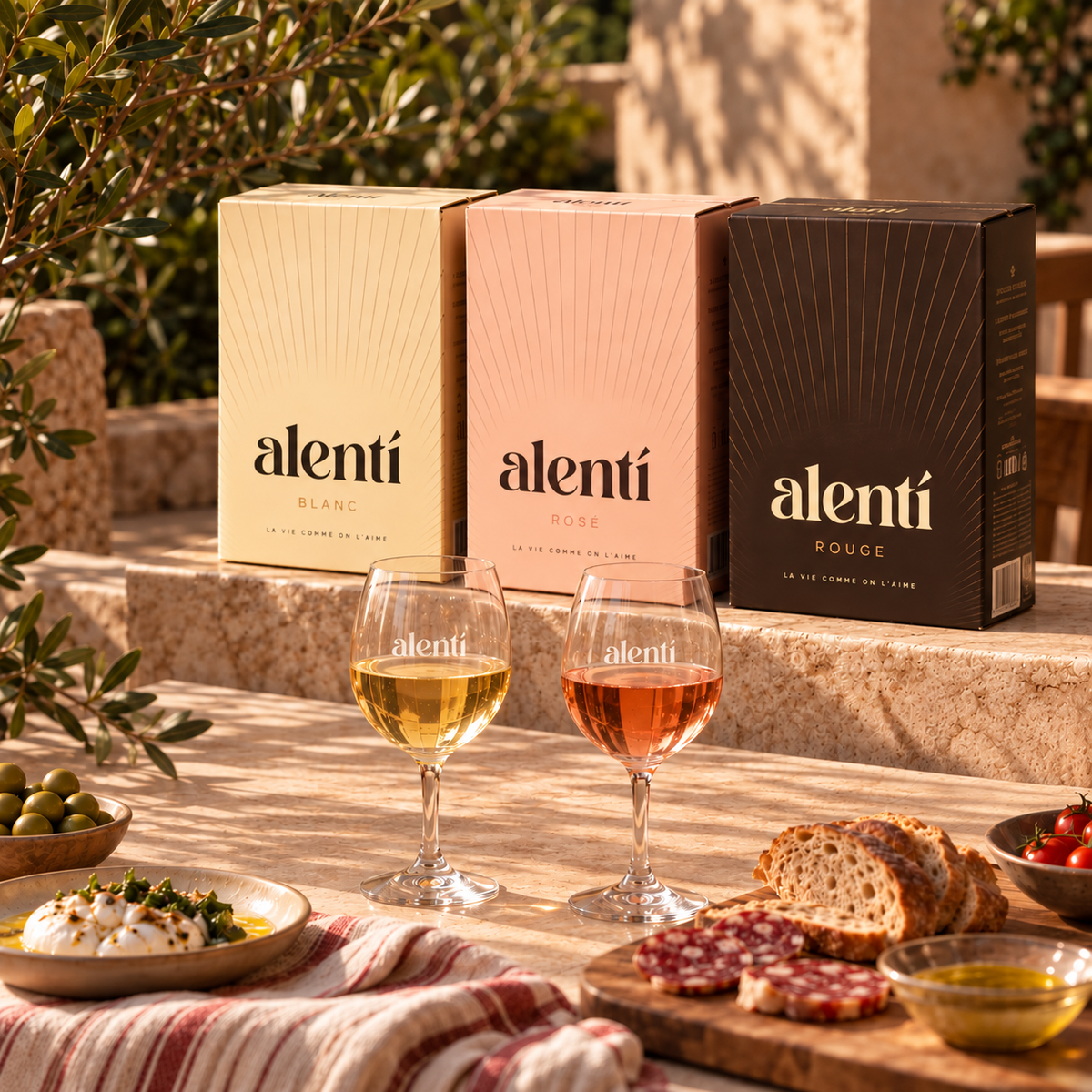 Dégustation méditerranéenne Alentí au soleil, avec le coffret et ses accessoires
