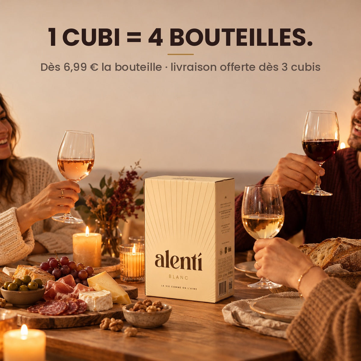 Apéro entre amis autour d'un cubi de vin blanc Alentí : 1 cubi équivaut à 4 bouteilles